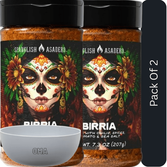 Spanglish Mexican Birria Seasoning Blend, Rich Flavor, 7.3 oz. With White Bowl By OMA
