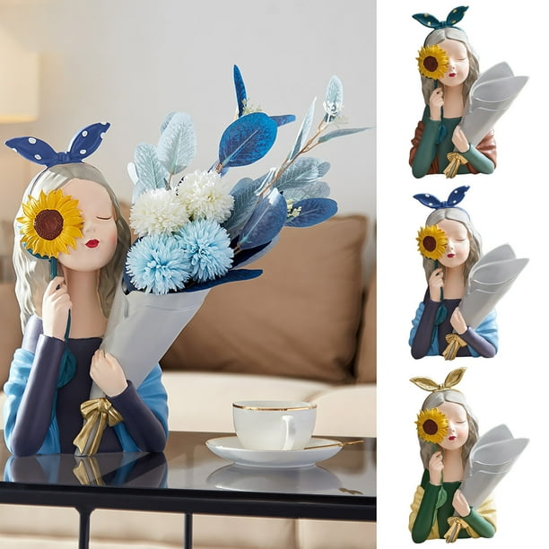 Xihbxyly Jarrón de Flores para Niña, Diseño de Figura de Resina, Maceta Suculenta con Bandeja y Taza de Café, Decoración Moderna de Escritorio, Elegante Decoración para El Hogar y La Oficina, Regalo