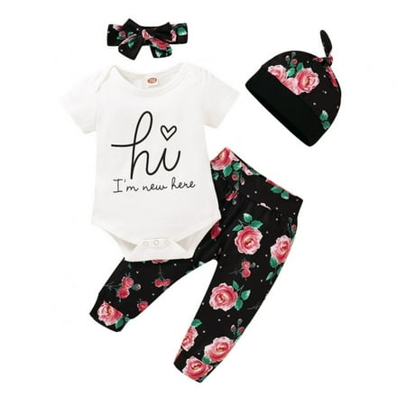 

GYRATEDREAM Toddler Baby Girl Fall Outfits Short Sleeve Ruffle Romper Floral Pants Headband Hat Clothes Set 0-18 Months