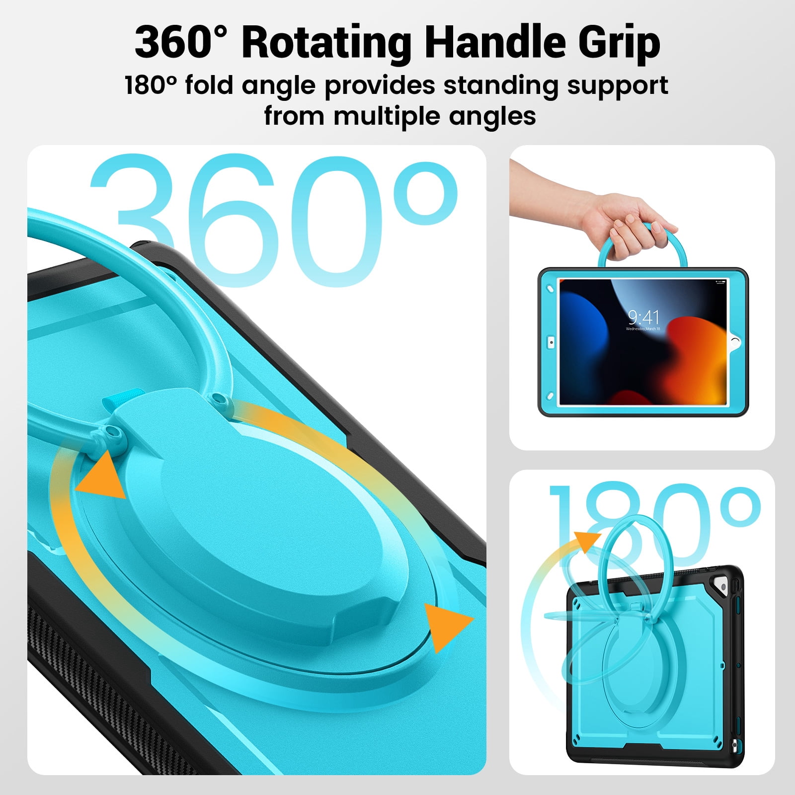 Shockproof Case for Apple iPad 9th 8th 7th Gen 10.2 Inch, Hybrid Protective Cover with Pencil Holder & Shoulder Strap Kids Friendly Rotating Kickstand Case for iPad 10.2" 2021/2020/2019,Lightblue