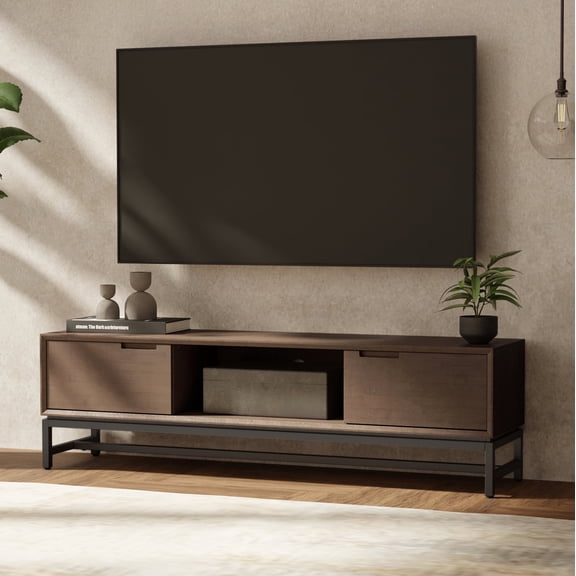Simpli Home Banting 72 inch Wide Solid Wood Low TV Stand in Walnut Brown For TVs up to 80 inches