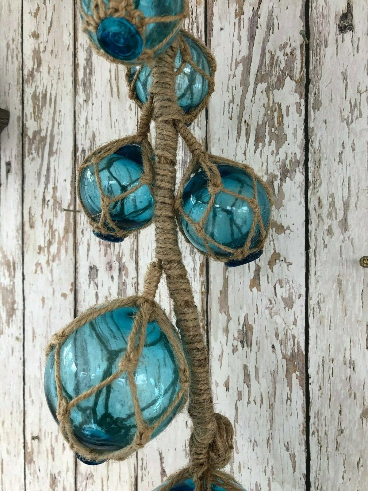 5 2" Aqua Glass Fishing Floats On Rope Nautical Fish Net Decor Light