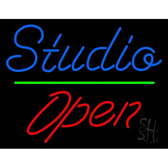 Blue Studio Red Open 2 LED Neon Sign 15 x 19 - inches, Black Square Cut Acrylic Backing, with Dimmer - Bright and Premium built indoor LED Neon Sign for art gallery, and exhibition.