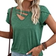 thumbnail image 4 of Top de manga corta,Camiseta de manga corta con cuello en V para mujer, Top de manga de pétalo de color puro, características de vanguardia, 4 of 6