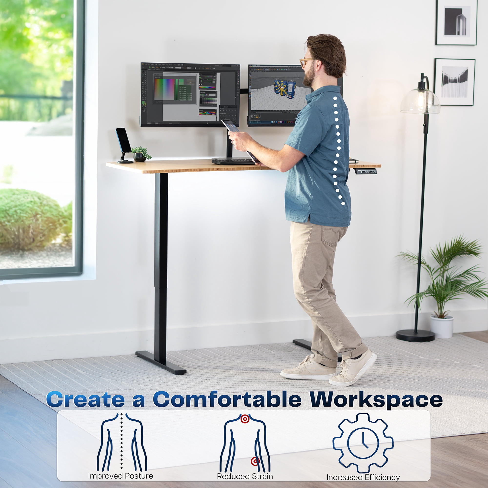 VIVO Electric 60” x 24” Stand Up Desk | Bamboo Table Top, Black Frame