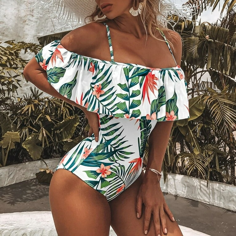 2023 Women's One Piece Swimsuit Tummy Control Print High Waisted Bathing  Suits Ruffled Lace Up Monokini Swimwear