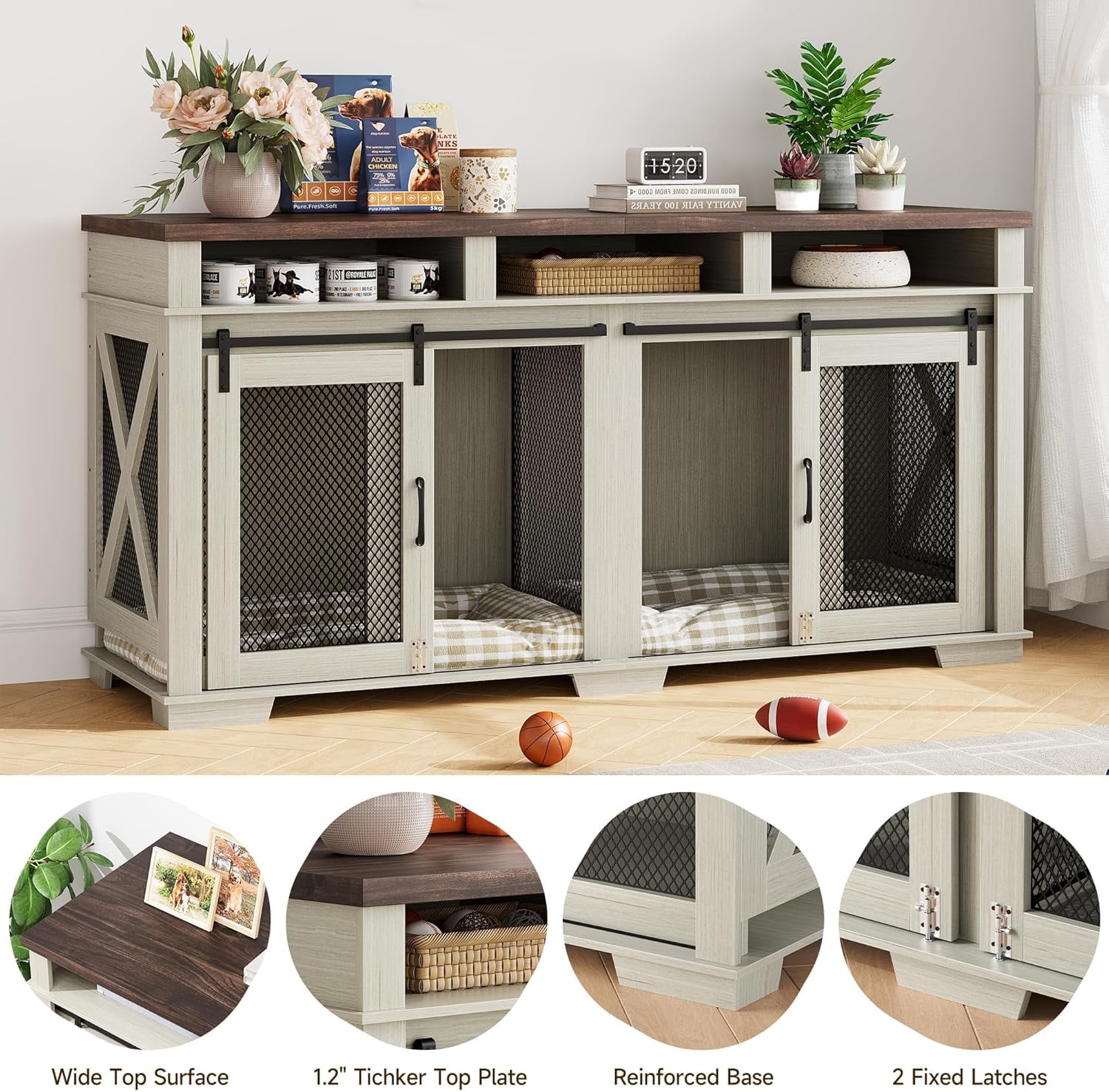 NEILA Dog Crate Furniture - Heavy Duty Dog Kennel with Removable Divider for Large Dog, Versatile Dog House with Sliding Door, Spacious Dog Cage with Storage Cubby for 2 Dogs, White/Dark Walnut