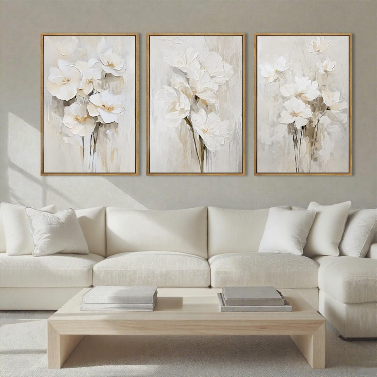 Beige Floral Wall Art Neutral Flower Wall Decor for Living Room Bedroom Dining Room 16x24 Inch Set of 3