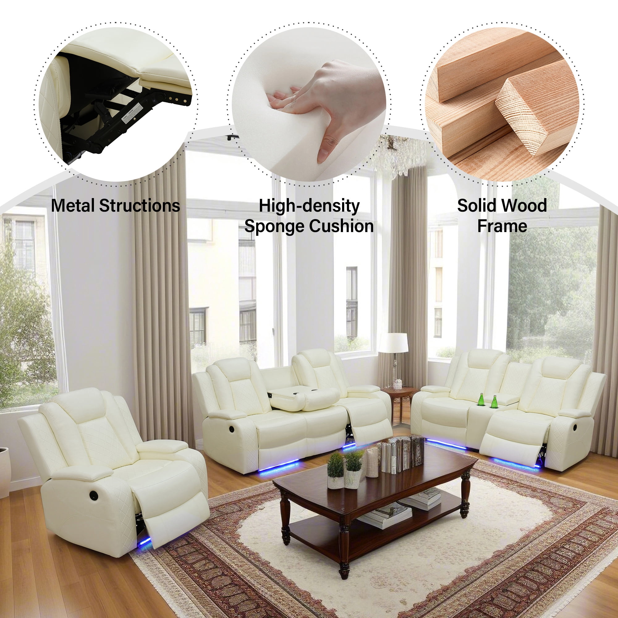 Aukfa 2-Seater Power Recliner Sofa with Cup Holders, USB Charging & Hidden Storage, Modern Electric Loveseat for Living Room Home Theater,White