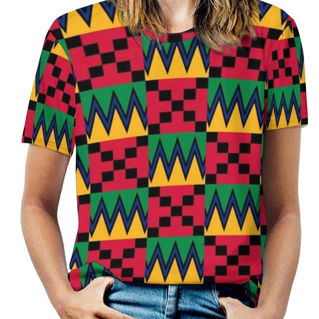T-Shirt à Manches Courtes Col Rond Imprimé Géométrique Africain-Rouge Jaune Vert Noir-Kwanzaa pour Femmes