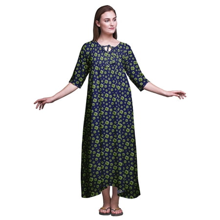 

Bimba Navy Blue Floral Clover Leaves Maxi Sleepwear For Women Summer Printed Nightgowns XX-Large