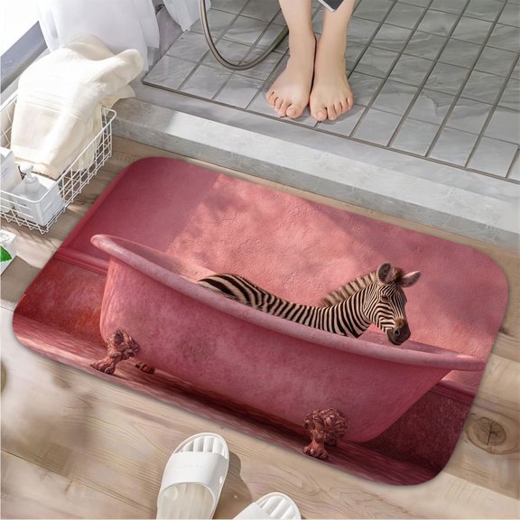 1pc A zebra in a pink bathtub Absorbent Non-Slip Bathroom Thickened Flannel Rug Decor,Soft,Quick Drying,Suitable For Indoor/outdoor Use,Bathrooms,Bedrooms,Kitchens,Terrace,Laundry Rooms,16"x24"