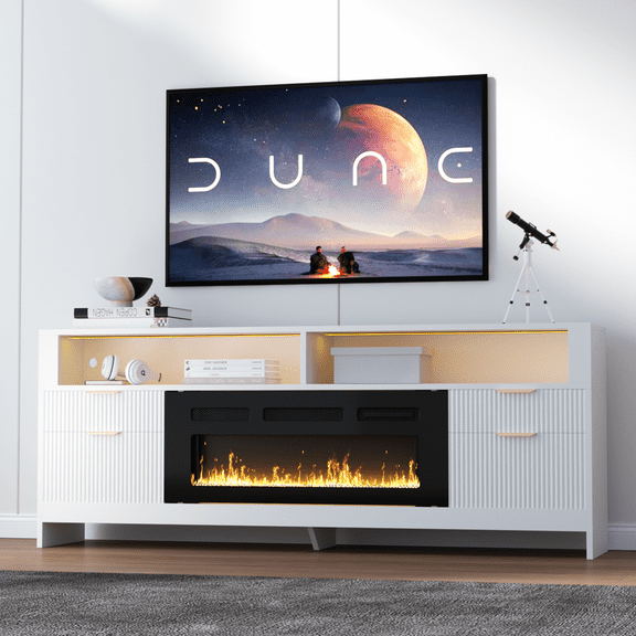 Fireplace TV Stand with 36" Electric Fireplace,LED Light Entertainment Center with Highlight Storage Cabinets Up to 80" TVs, Modern Fluted TV Stand for Living Room,Bedroom (Black)