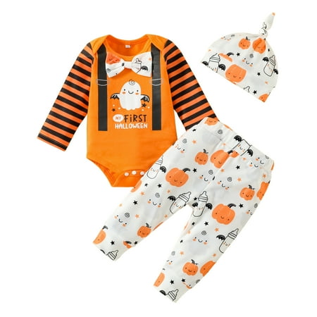 

Morttic Newborn Baby Boys My 1st Halloween Clothes Bowtie Stripe Romper Tops Pants Hat 3pcs Outfits Bodysuit 12-18 Months