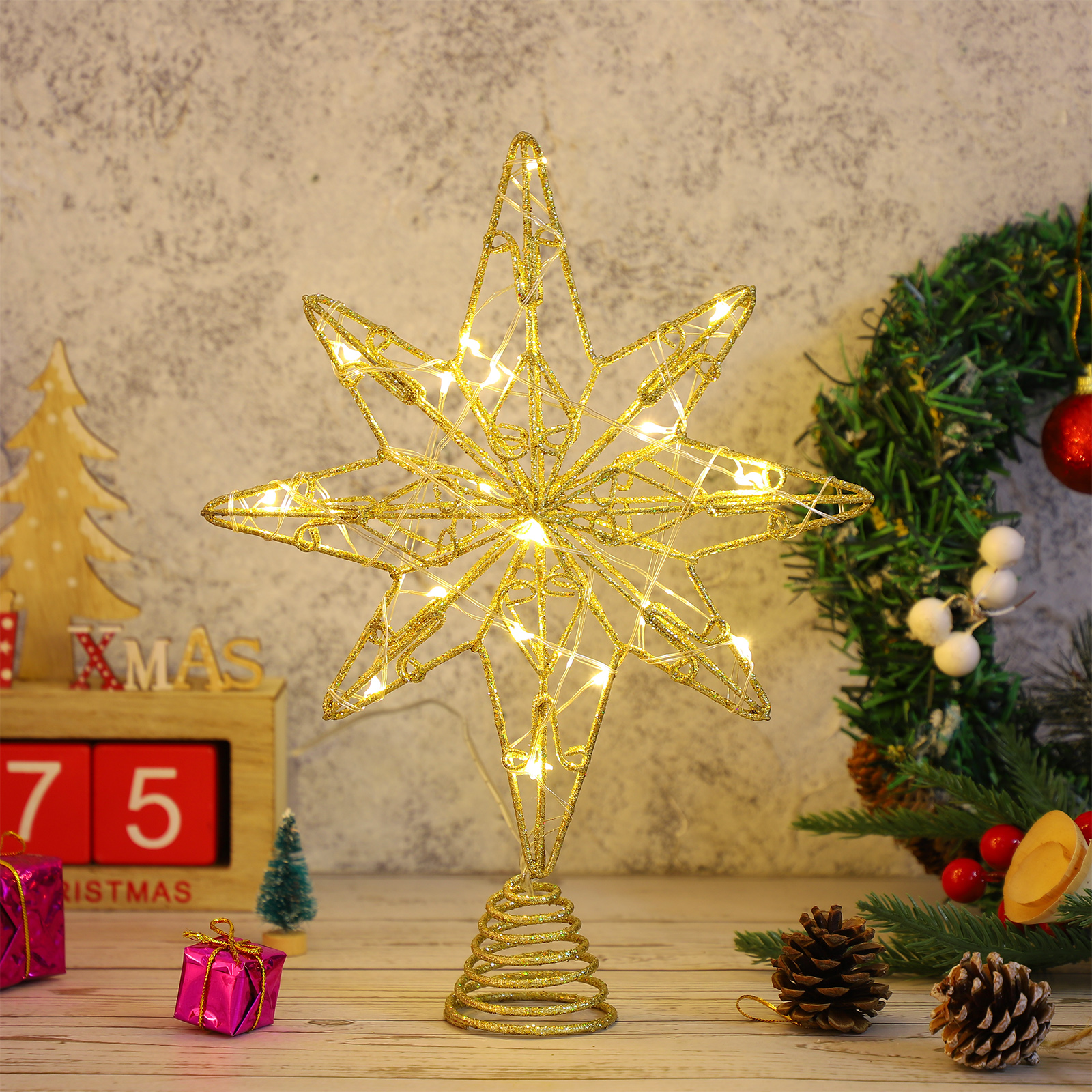 8" Christmas Star Tree Topper, Battery Operated Topper Light,20 LED
