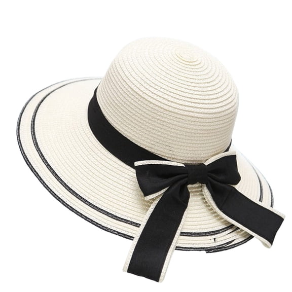 54-58cm hat circumference hat female summer outdoor seaside big eaves sunscreen sunshade straw hat bow tie foldableOff-white