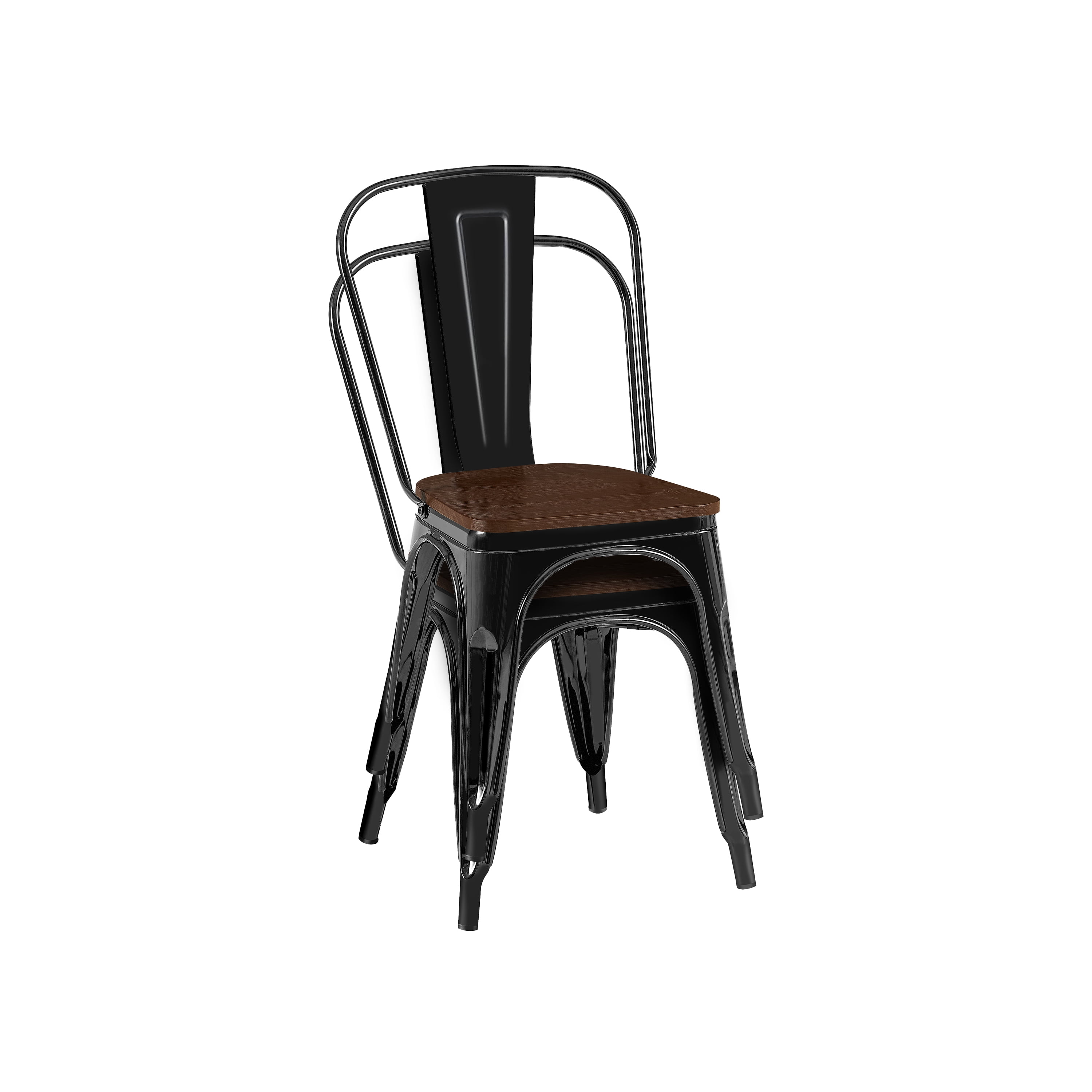 High Gloss Black with Walnut Wooden Seat Industrial Metal Dining Chairs 18 Inch Seat Height Stackable, Set of 2