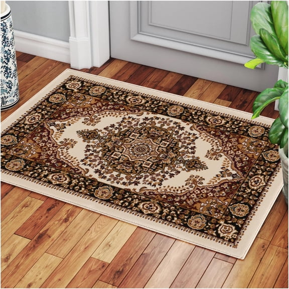 JERFIT Ivory Medallion Traditional Area Rug 2x3 Feet, Non-Shedding Stain Resistant Polypropylene Rug for Living Room Bedroom Entryway