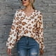 thumbnail image 2 of Camisa De Mujer Manga Larga Estampado De Leopardo Cuello En V Botones Decoración Suelta Elegante Mujer Top Marrón L, 2 of 7