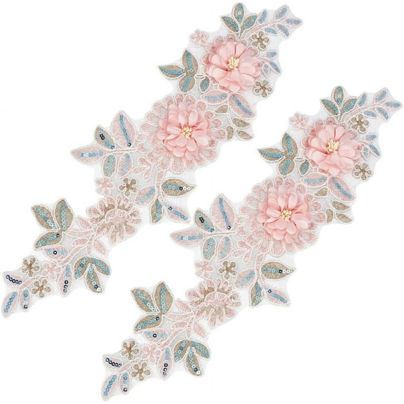 2 pc 2Pcs 3D Floral Embroidery Applique Polyester Beaded Lace Appliques Pink Sequin Embroidered Flower Sew on Tulle Patches for Sewing Making Clothes Dress Wedding Crafts Gowns Bag Costume Supply