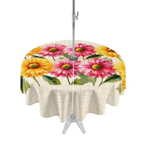 Outdoor Tablecloth with Umbrella Hole Zipper Watercolor Daisy Round Tablecloth 54" Waterproof Table Cloth Farmhouse Red Yellow Floral Yellow Plaid Patio Table Cover Tablecloths for Picnic Party