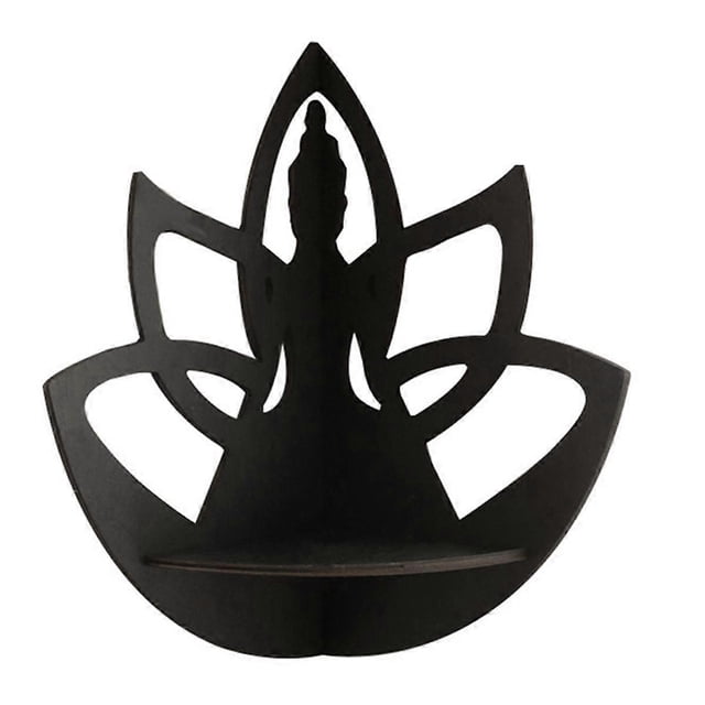 wall shelf corner shelves- wall corner shelf wooden floating shelves crystal display rack boho wall shelves for bedrooms Negro estante flotante de esquina con forma de loto y silueta central de figura en meditación, vista frontal centrada; balda semicircular insertada en ranura previa, diseñada para esquina de 90°; madera negra mate, aprox. 24 x 26.7 cm; apta para mostrar cristales, velas o plantas pequeñas.