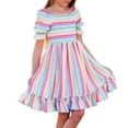 thumbnail image 2 of ZHUASHUM Cute Girl'S Dress 2024 Toddler Spring And Summer Short Sleeve Stripe Prints Colorful Round Neck Dance Party Dresses Clothes,11-12 Years Pink, 2 of 8