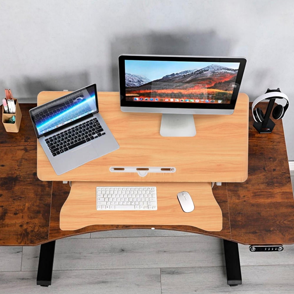 Home Office Standing Desk Converter 32" Height Adjustable with Keyboard Tray Mahogany