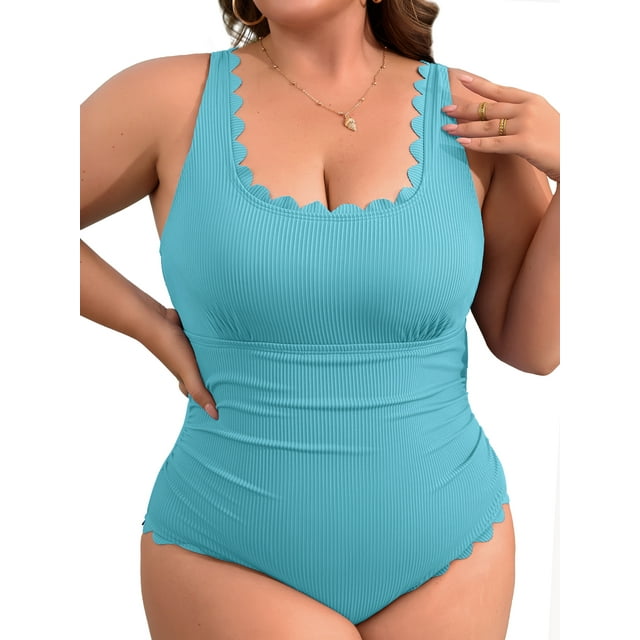 Charmo Plus Size Ribbed Swimsuit for Womens One Piece Scalloped Swimwear Tummy Control Bathing Suits