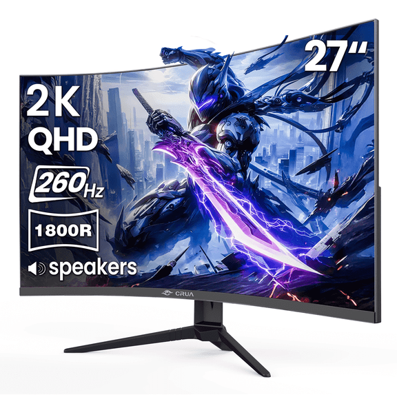 CRUA 27'' 2K 260Hz Curved Gaming Monitor, QHD 1440P,1800R, with Built-in Speakers, Support AMD FreeSync, 120% sRGB, Blue Light Filter, Wall Mountable-Black