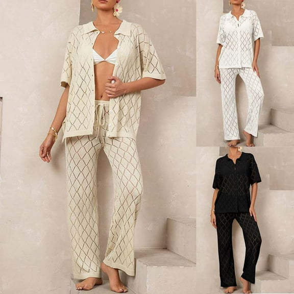 pstuiky Womens Pajamas Shorts Set Fashion Solid Color Breathable Sleepwear with Pants Casual Loose Fit Collared Short Sleeve Pajamas Night Shirts for Women Sleepwear Black S