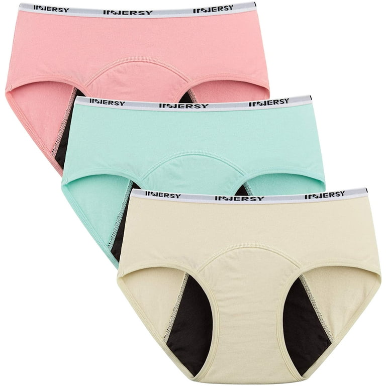INNERSY Big Girls' Period Panties Cotton Menstrual Underwear For Teens  3-Pack (S(8-10 yrs), Beige/Pink/Green)