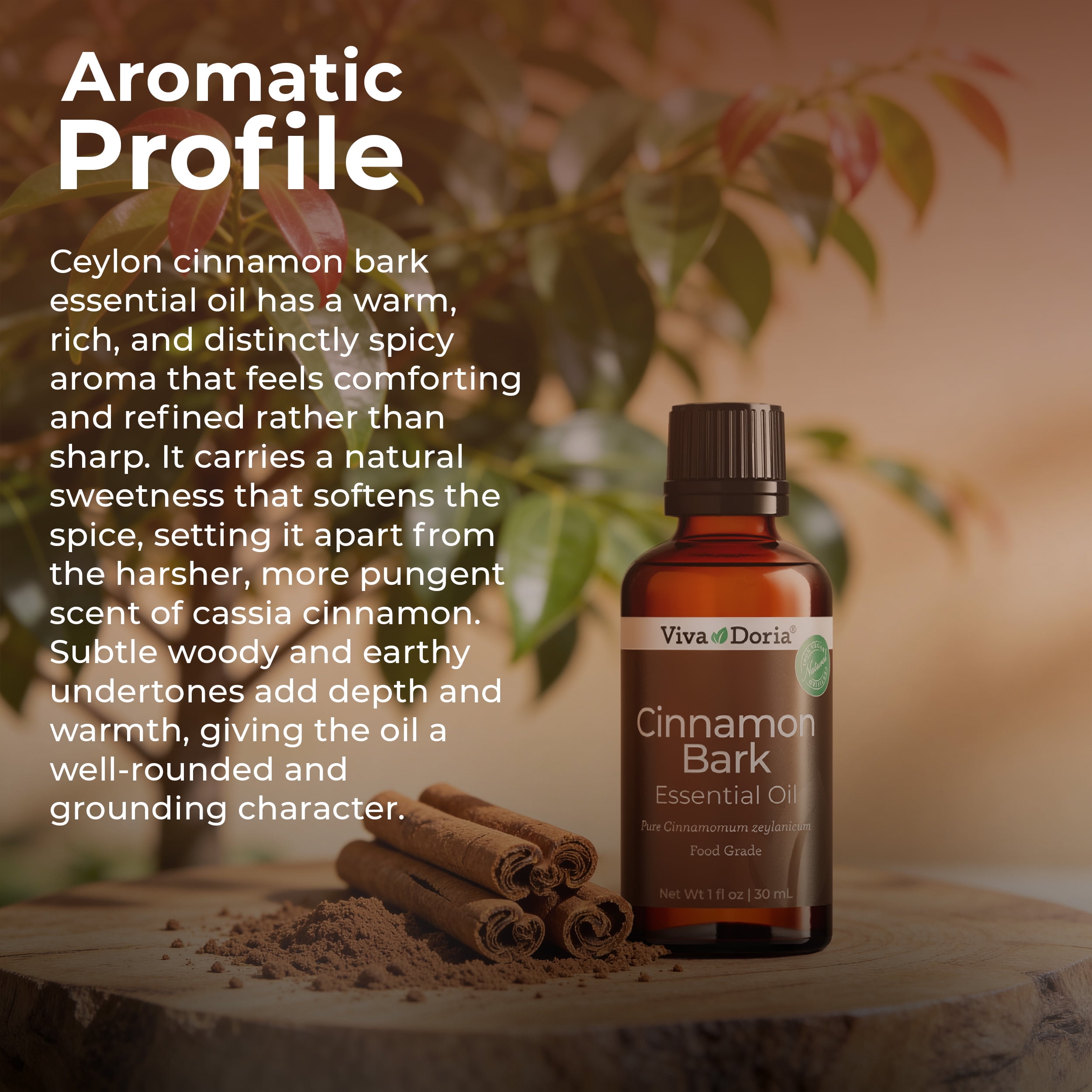 Viva Doria Cinnamon Bark Essential Oil, 100% Pure, Natural Essential Oil, Undiluted, for Aromatherapy | Food Grade, 30 mL (1 Fluid Ounce)