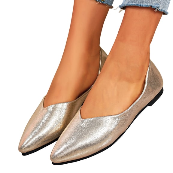Women's Slip On Pointed Toe Ballet Flats Shoes Comfortable PU Leather Soft Sole Non Slip Casual Dress Shoe Gold Size 8