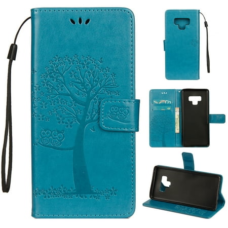 Note Case Wallet - Note 9 Case, Samsung Galaxy Note 9 Case - Allytech Premium Wallet PU Leather with Fashion Embossed Floral Tree Owl Magnetic Clasp Card Holders Flip Cover with Hand Strap, Blue
