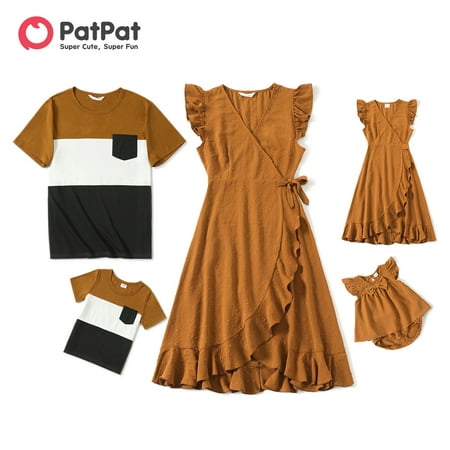 

PatPat Family Matching Khaki V Neck Sleeveless Ruffle Wrap Dresses and Colorblock Short-sleeve T-shirts Sets