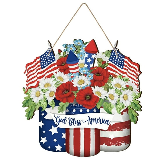 LanSuare Patriotic Wood Hanging Decor, Memorial Day & July 4th Wreath, Outdoor Paper Decor, Weatherproof Front Porch Accents