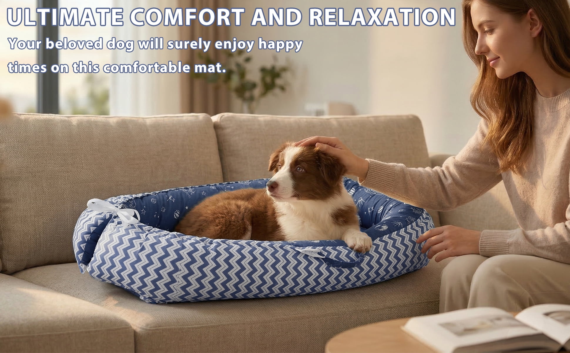 Dog Bed and Cat Bed - 100% Cotton with Foam Pet Bed for Small and Large Dogs-Blue
