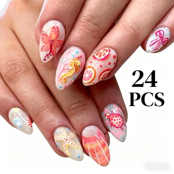 24PCS Summer Style Press On Nails, Pomelo Tone Sea Star Bow Fake Nails, Bright Color Removable Wearable Nail Art, Cute Fresh Daily Manicure for Women