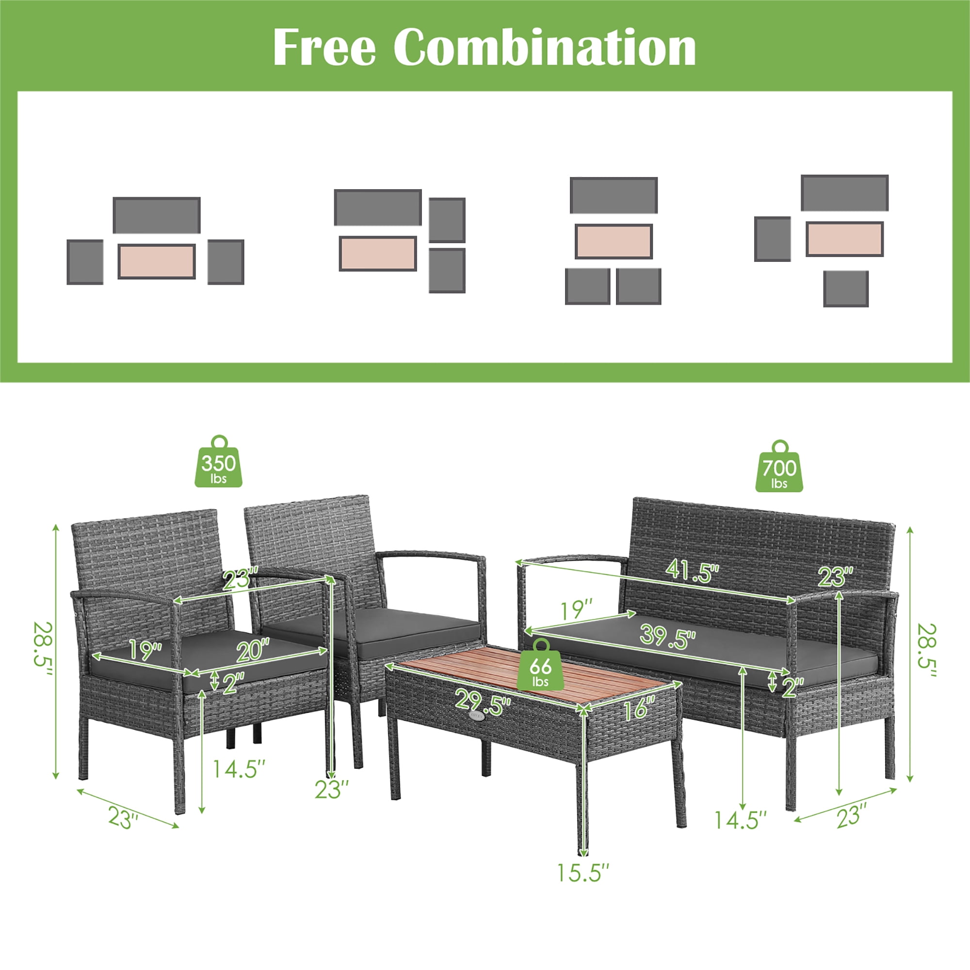 Costway 4-Piece Rattan Patio Furniture Set with Cushioned Chairs and Wooden Tabletop, Gray