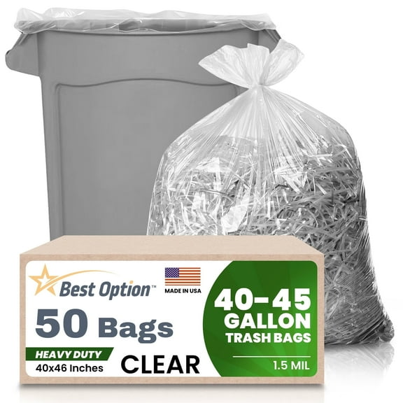 Best Option 40-45 Gallon Clear Trash Bags, 50 Count Box, (40x46-inch) Commercial Heavy-Duty Garbage and Recycling Can Liners