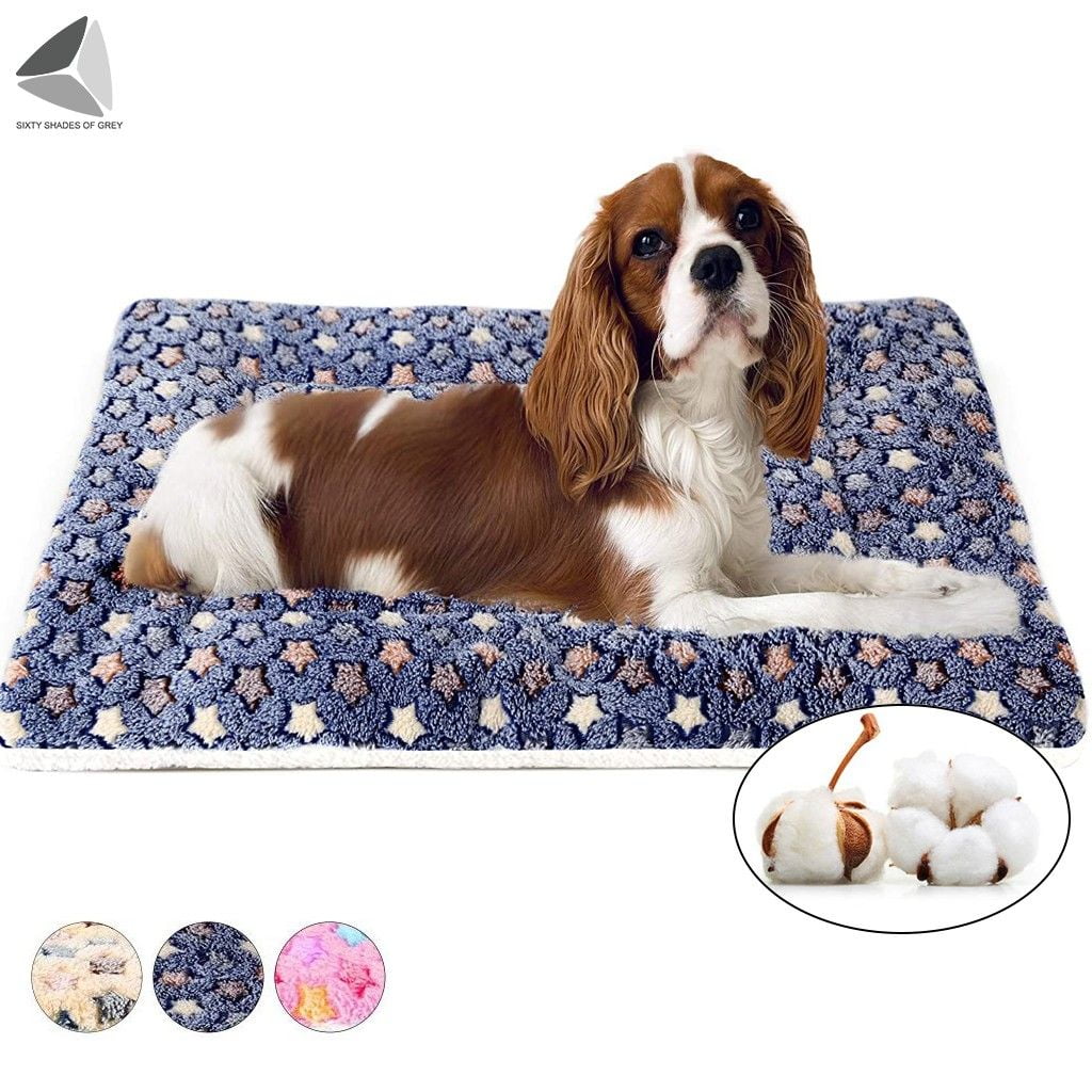 PULLIMORE Warm Soft Pet Dog Bed with Cute Prints, Reversible Fleece Crate Bed Mat Machine Washable For Small Medium Large Dog Cat (XL, Blue)