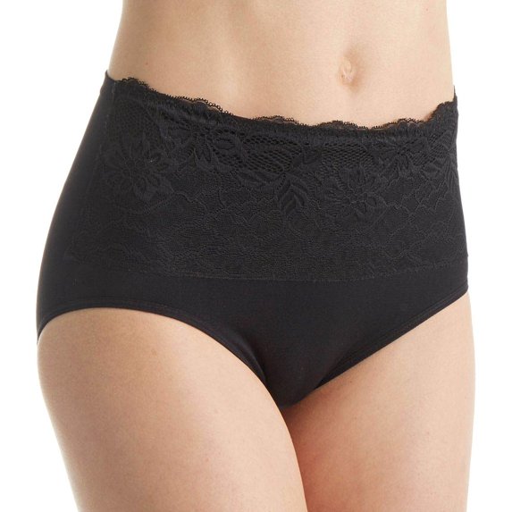Women's Rhonda Shear 4220 Seamless Brief Panty with Lace Overlay (Black L)