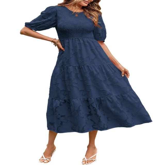 EIMELI Femmes Été Soufflé Manches Robe Smoking Floral en Vrac Fluide Robe Haute Taille Dentelle Floral Étagé Midi Robe Bleu Ciel XL