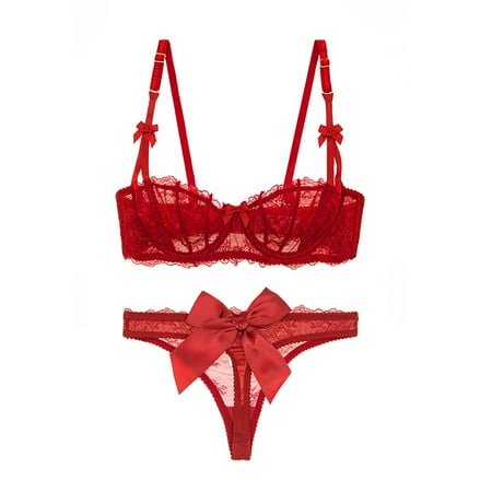 

Women s Lace Unlined Balconette Demi-Cup Underwire Sheer Bra and Sexy See Through Thong