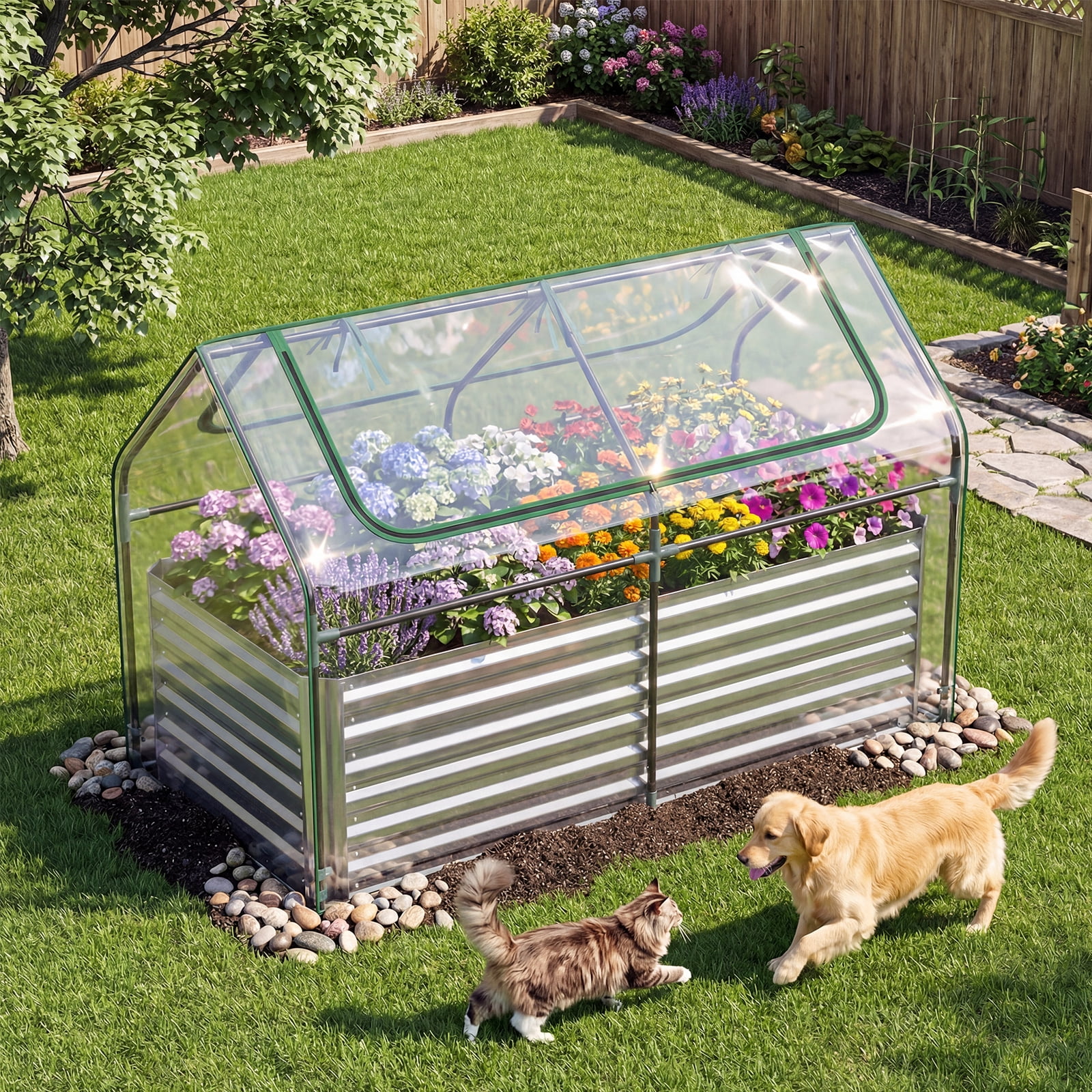 Gymax Galvanized Raised Garden Bed w/ Cover68''x33''x21''Planter Box w/ Mini Greenhouse Sliver & Clear