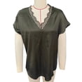thumbnail image 1 of Camiseta con cuello en V y encaje para mujer, manga corta, informal, holgada, Color puro, jersey de verano, Top OD verde XL, 1 of 3