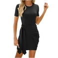 thumbnail image 3 of Ahuyic Womens Summer Casual Dress,Womens Plus Size Dress,Womens Casual Solid Color Round Neck Short Sleeved Pleated Lace Up Knitted Dress,Black,XXL, 3 of 5