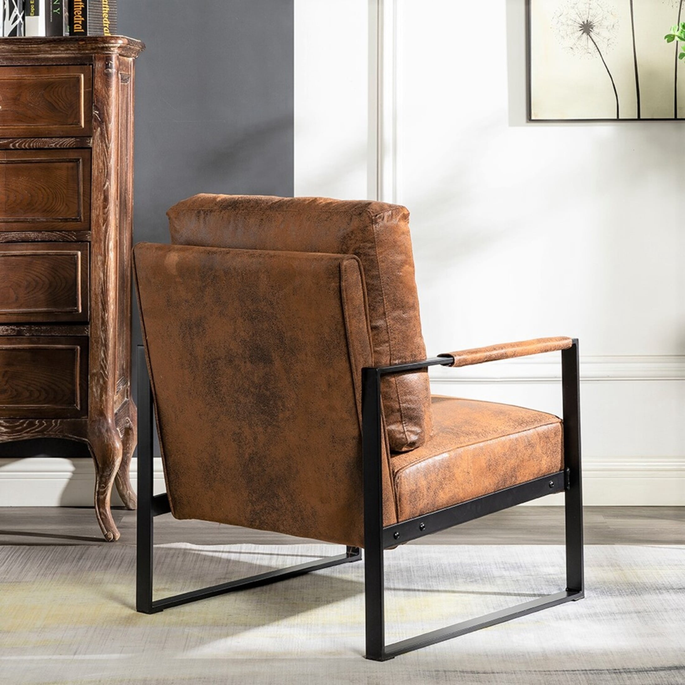 GDF Studio 25.4" Mid-Century Modern Accent Chair with Square Metal Frame, Microfiber Upholstery, Brown Yellow