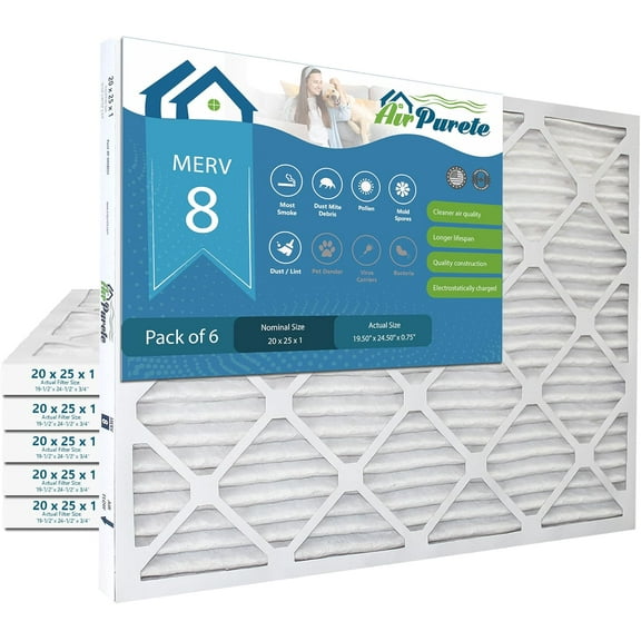 20x25x1 HVAC Furnace Air Filters | Actual Size: 19-1/2" x 24-1/2" x 3/4" | MERV 8 | PACK OF 6 FILTERS